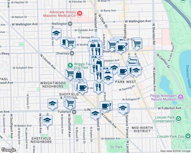 map of restaurants, bars, coffee shops, grocery stores, and more near 812A West Wrightwood Avenue in Chicago