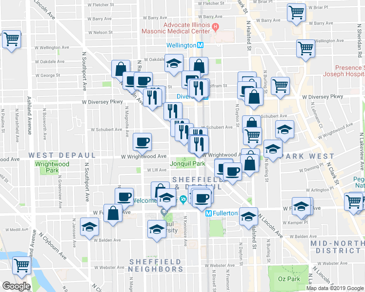 map of restaurants, bars, coffee shops, grocery stores, and more near 2638 North Lincoln Avenue in Chicago