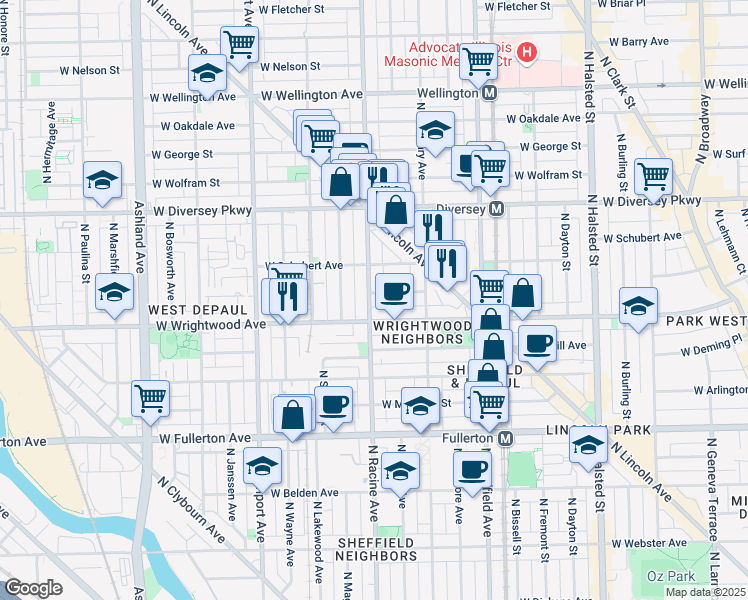 map of restaurants, bars, coffee shops, grocery stores, and more near 2615 North Racine Avenue in Chicago