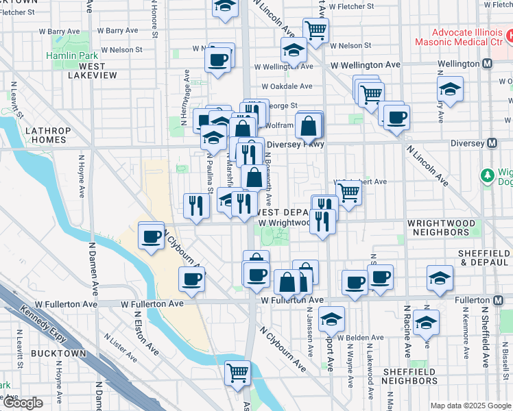map of restaurants, bars, coffee shops, grocery stores, and more near 2622 North Bosworth Avenue in Chicago
