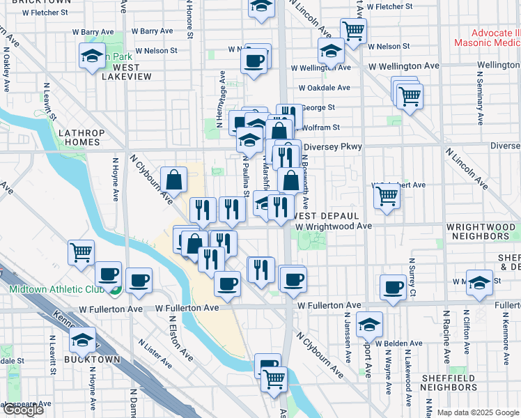 map of restaurants, bars, coffee shops, grocery stores, and more near 2627 North Paulina Street in Chicago