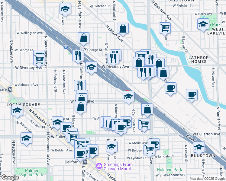 map of restaurants, bars, coffee shops, grocery stores, and more near 2626 North Rockwell Street in Chicago