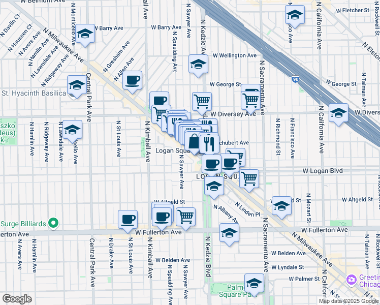map of restaurants, bars, coffee shops, grocery stores, and more near 2620 North Milwaukee Avenue in Chicago