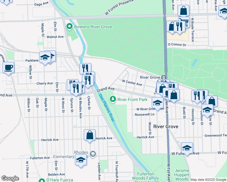 map of restaurants, bars, coffee shops, grocery stores, and more near 8655 West Grand Avenue in River Grove