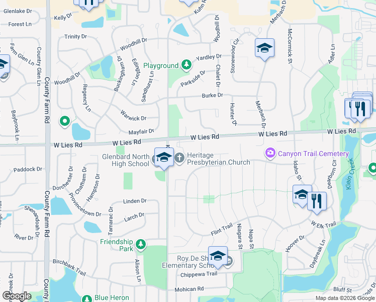 map of restaurants, bars, coffee shops, grocery stores, and more near 1021 Kuhn Road in Carol Stream