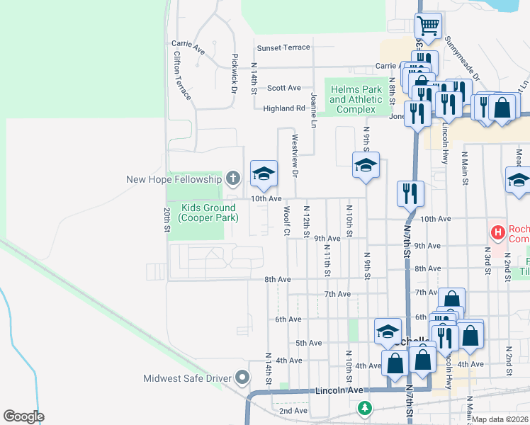 map of restaurants, bars, coffee shops, grocery stores, and more near 921 N 14th St in Rochelle