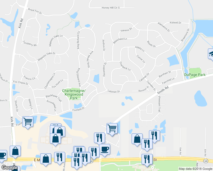 map of restaurants, bars, coffee shops, grocery stores, and more near 2799 Davenport Drive in West Chicago