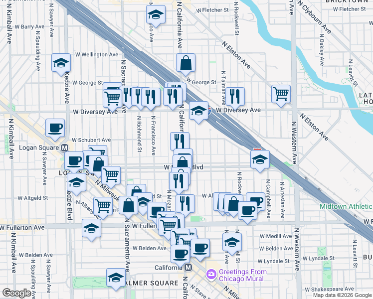 map of restaurants, bars, coffee shops, grocery stores, and more near 2623 North California Avenue in Chicago