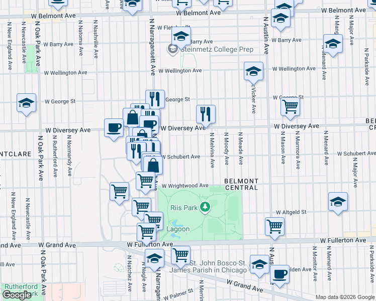 map of restaurants, bars, coffee shops, grocery stores, and more near 2707 North Mobile Avenue in Chicago