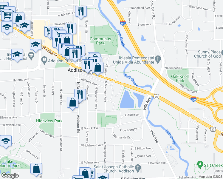 map of restaurants, bars, coffee shops, grocery stores, and more near 207 East Lake Street in Addison