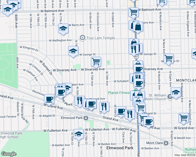 map of restaurants, bars, coffee shops, grocery stores, and more near 2712 North 74th Court in Chicago