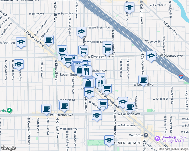 map of restaurants, bars, coffee shops, grocery stores, and more near 2628 North Troy Street in Chicago