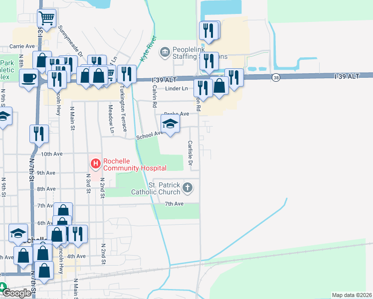 map of restaurants, bars, coffee shops, grocery stores, and more near 909 Carlisle Drive in Rochelle