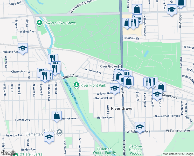 map of restaurants, bars, coffee shops, grocery stores, and more near 8550 Grand Avenue in River Grove