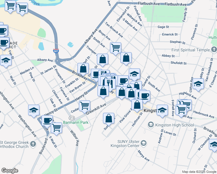 map of restaurants, bars, coffee shops, grocery stores, and more near 594 Broadway in Kingston