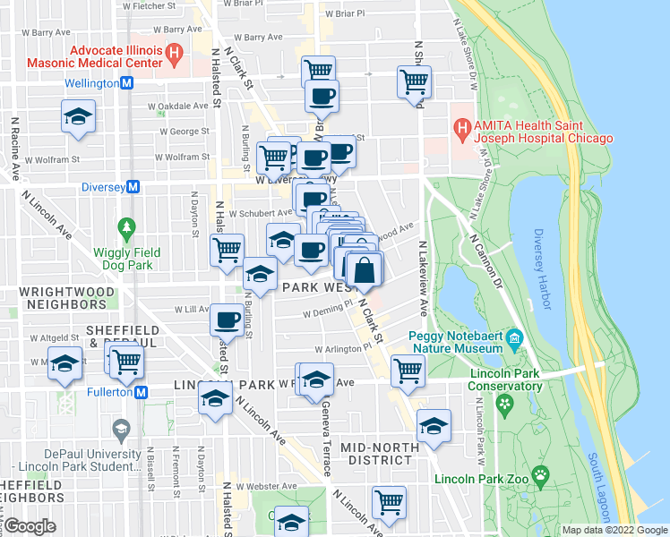 map of restaurants, bars, coffee shops, grocery stores, and more near 610 West Wrightwood Avenue in Chicago