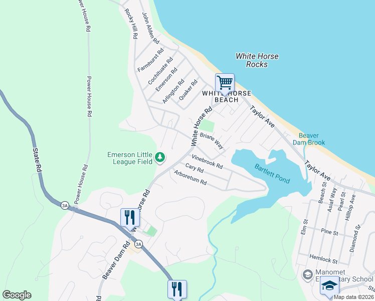 map of restaurants, bars, coffee shops, grocery stores, and more near 76 White Horse Road in Plymouth