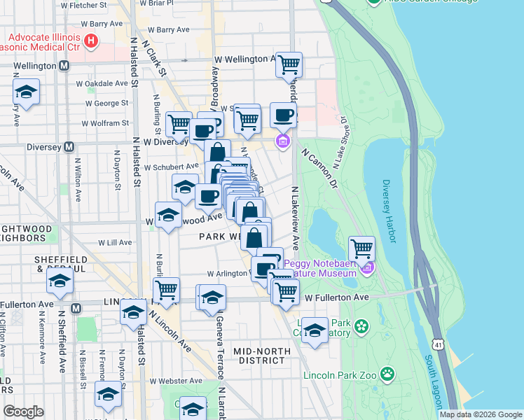 map of restaurants, bars, coffee shops, grocery stores, and more near 2551 North Clark Street in Chicago