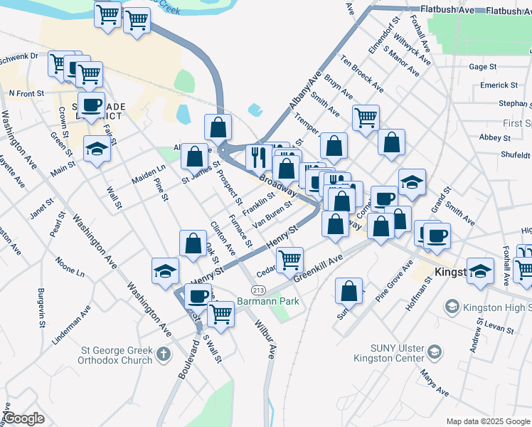 map of restaurants, bars, coffee shops, grocery stores, and more near 48 Van Buren Street in Kingston