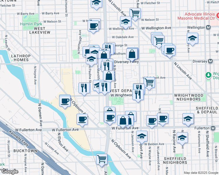 map of restaurants, bars, coffee shops, grocery stores, and more near 2622 North Bosworth Avenue in Chicago