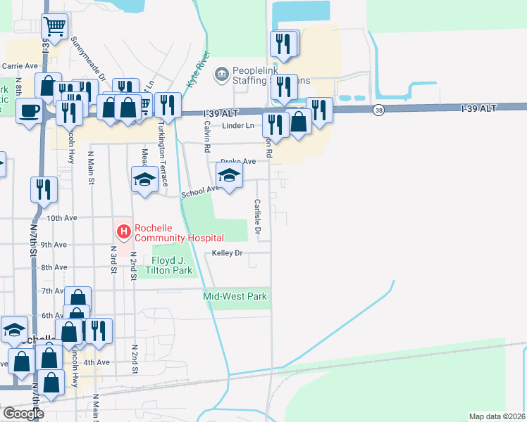 map of restaurants, bars, coffee shops, grocery stores, and more near 909 Carlisle Drive in Rochelle