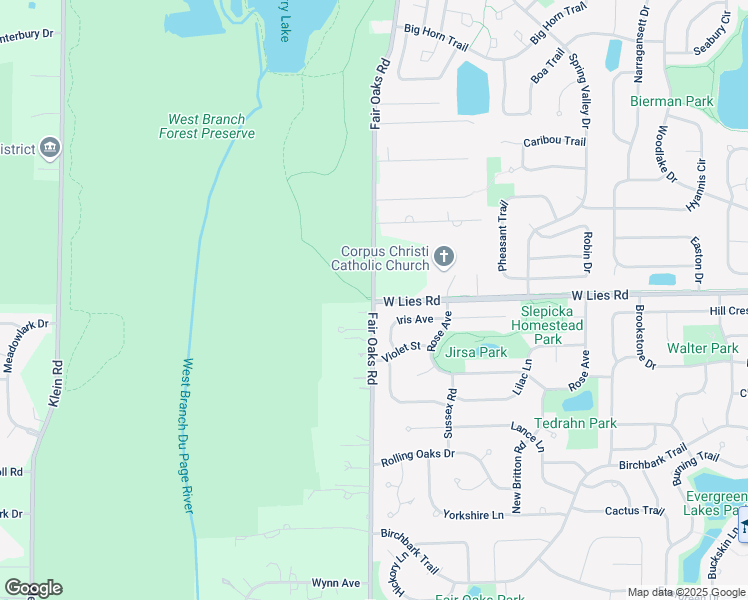 map of restaurants, bars, coffee shops, grocery stores, and more near Lies Rd Trail & Fair Oaks Rd in West Chicago