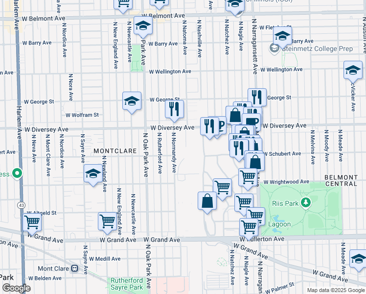 map of restaurants, bars, coffee shops, grocery stores, and more near 2717 North Normandy Avenue in Chicago