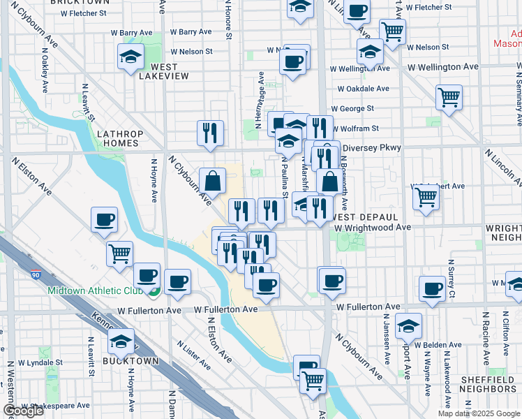 map of restaurants, bars, coffee shops, grocery stores, and more near 2630 North Hermitage Avenue in Chicago