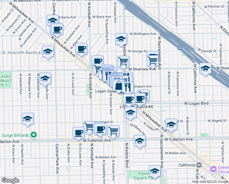 map of restaurants, bars, coffee shops, grocery stores, and more near 2634 North Sawyer Avenue in Chicago