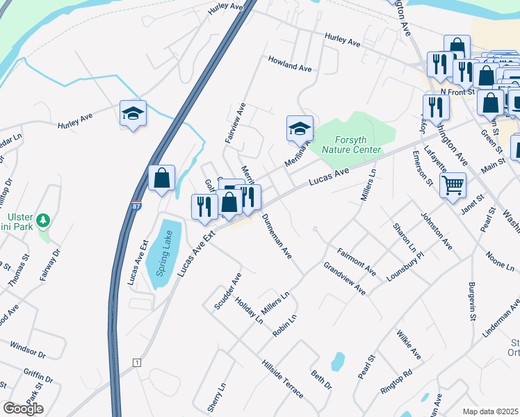 map of restaurants, bars, coffee shops, grocery stores, and more near County Road 1 in Kingston