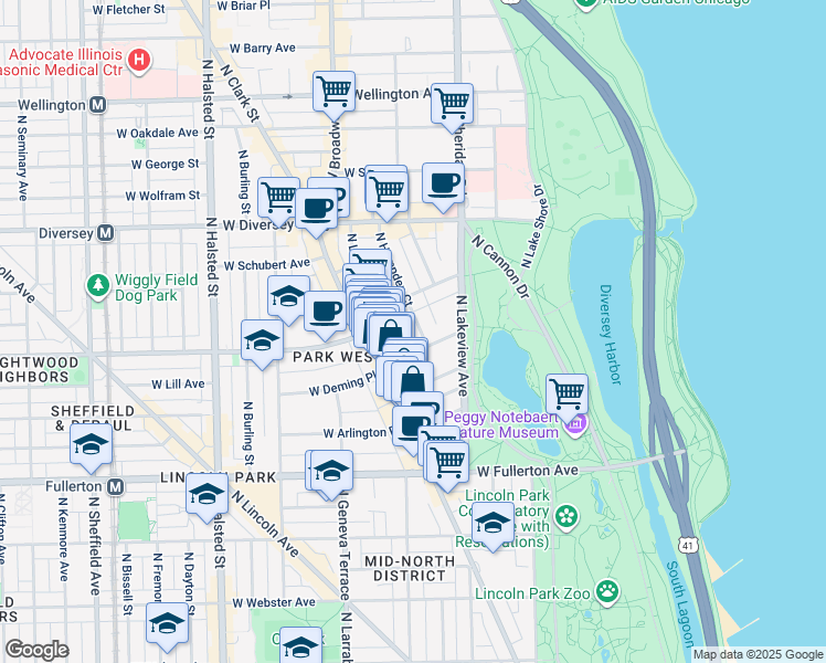 map of restaurants, bars, coffee shops, grocery stores, and more near 2616 North Hampden Court in Chicago