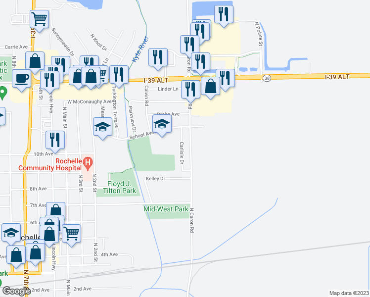 map of restaurants, bars, coffee shops, grocery stores, and more near 909 Carlisle Drive in Rochelle
