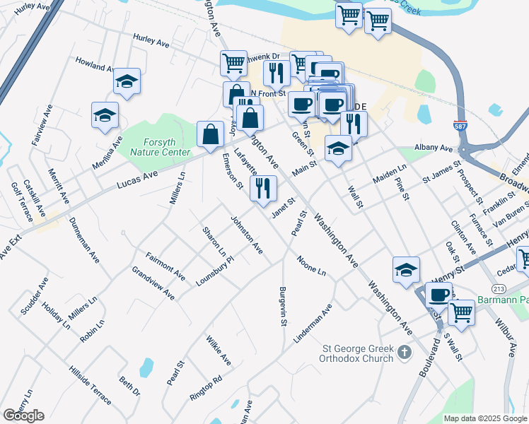map of restaurants, bars, coffee shops, grocery stores, and more near 56 Emerson Street in Kingston