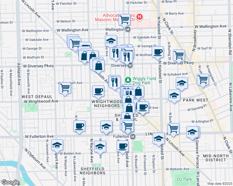 map of restaurants, bars, coffee shops, grocery stores, and more near 2632 North Lincoln Avenue in Chicago