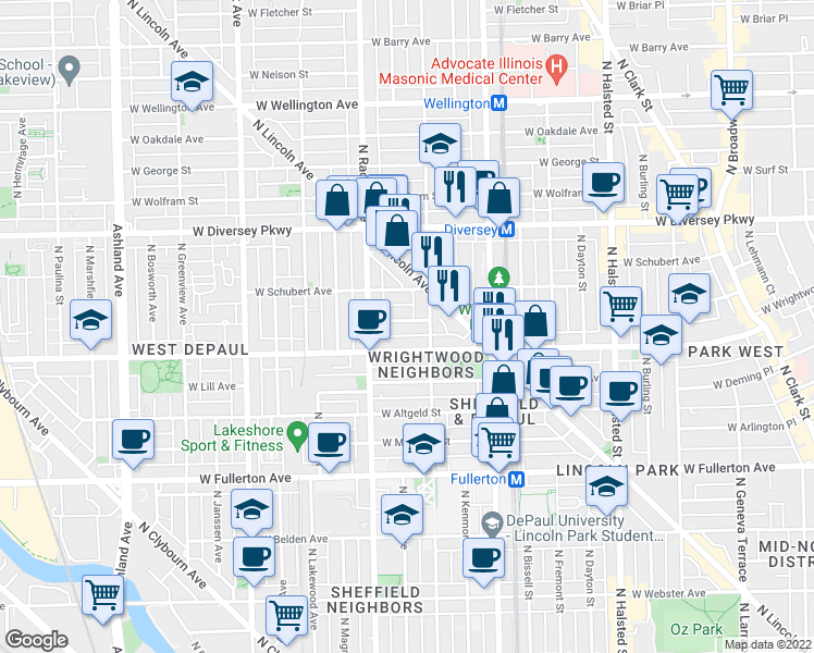map of restaurants, bars, coffee shops, grocery stores, and more near 1121 West Drummond Place in Chicago