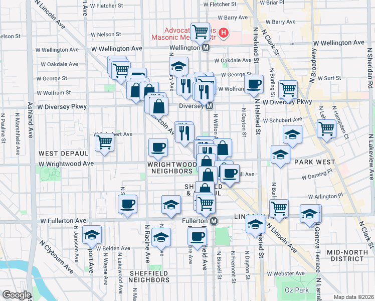 map of restaurants, bars, coffee shops, grocery stores, and more near 2632 North Lincoln Avenue in Chicago