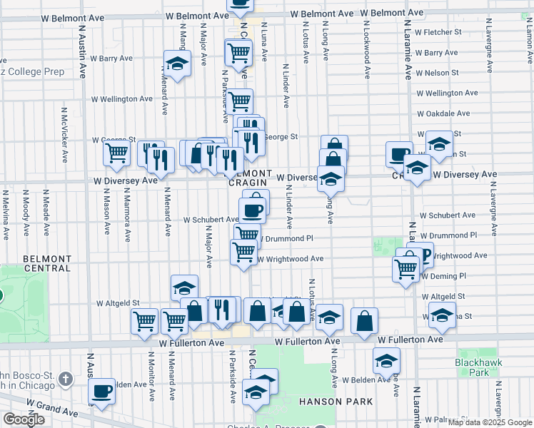 map of restaurants, bars, coffee shops, grocery stores, and more near 5532 West Schubert Avenue in Chicago
