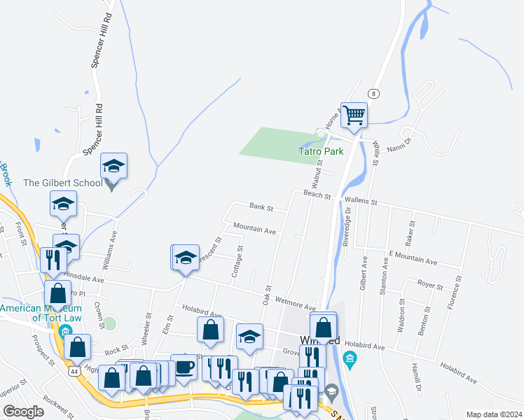 map of restaurants, bars, coffee shops, grocery stores, and more near 37 Bank Street in Winsted