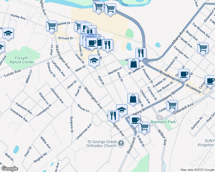 map of restaurants, bars, coffee shops, grocery stores, and more near 183 Wall Street in Kingston