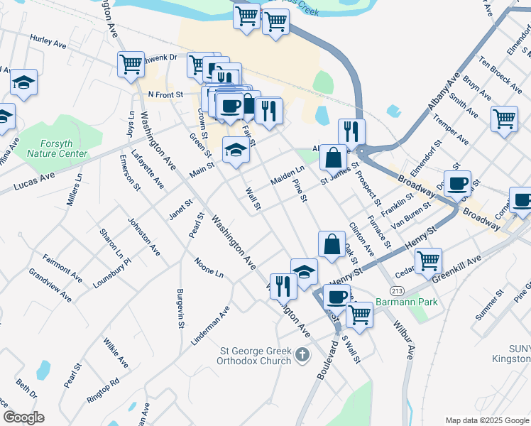 map of restaurants, bars, coffee shops, grocery stores, and more near 183 Wall Street in Kingston
