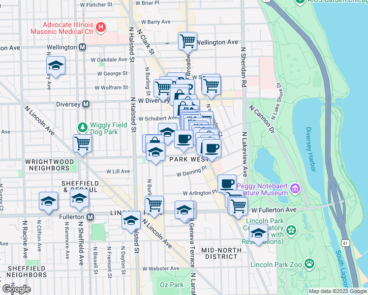 map of restaurants, bars, coffee shops, grocery stores, and more near 656 West Wrightwood Avenue in Chicago