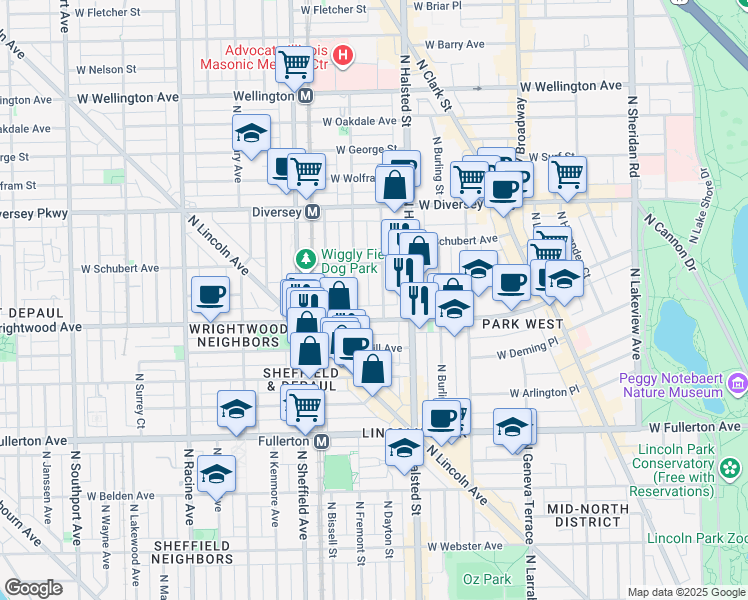 map of restaurants, bars, coffee shops, grocery stores, and more near 2615 North Mildred Avenue in Chicago