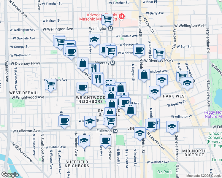 map of restaurants, bars, coffee shops, grocery stores, and more near 2615 North Sheffield Avenue in Chicago