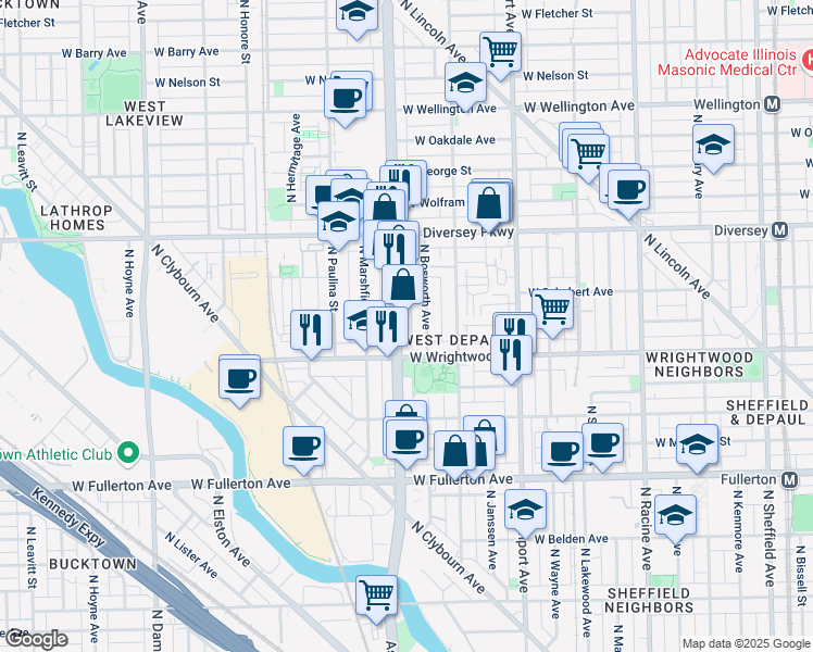 map of restaurants, bars, coffee shops, grocery stores, and more near 2622 North Bosworth Avenue in Chicago