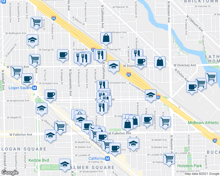 map of restaurants, bars, coffee shops, grocery stores, and more near 2623N North Fairfield Avenue in Chicago