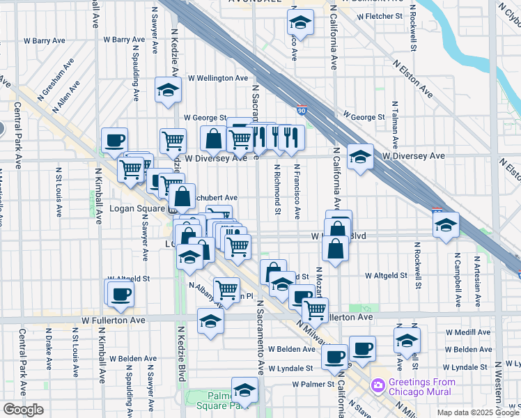 map of restaurants, bars, coffee shops, grocery stores, and more near in Chicago