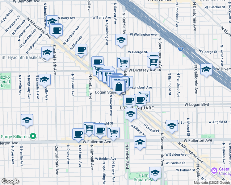 map of restaurants, bars, coffee shops, grocery stores, and more near 2634 North Sawyer Avenue in Chicago