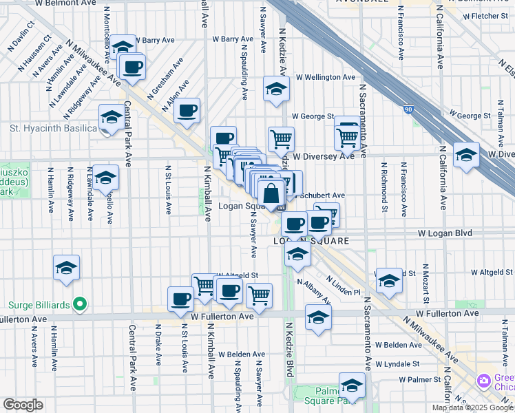 map of restaurants, bars, coffee shops, grocery stores, and more near 2634 North Sawyer Avenue in Chicago