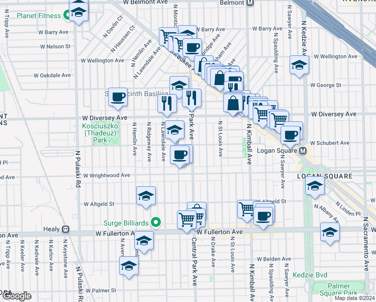 map of restaurants, bars, coffee shops, grocery stores, and more near 2641 North Central Park Avenue in Chicago