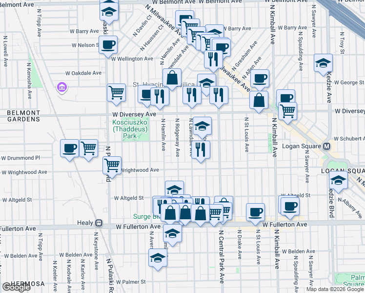 map of restaurants, bars, coffee shops, grocery stores, and more near 2640 North Lawndale Avenue in Chicago